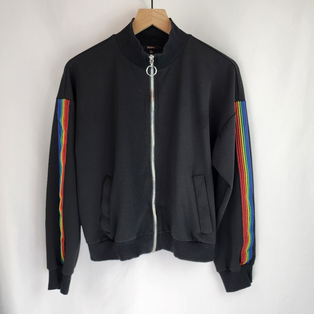Blashe Women's Black Rainbow Sleeve Zip Up Track Jacket Size L